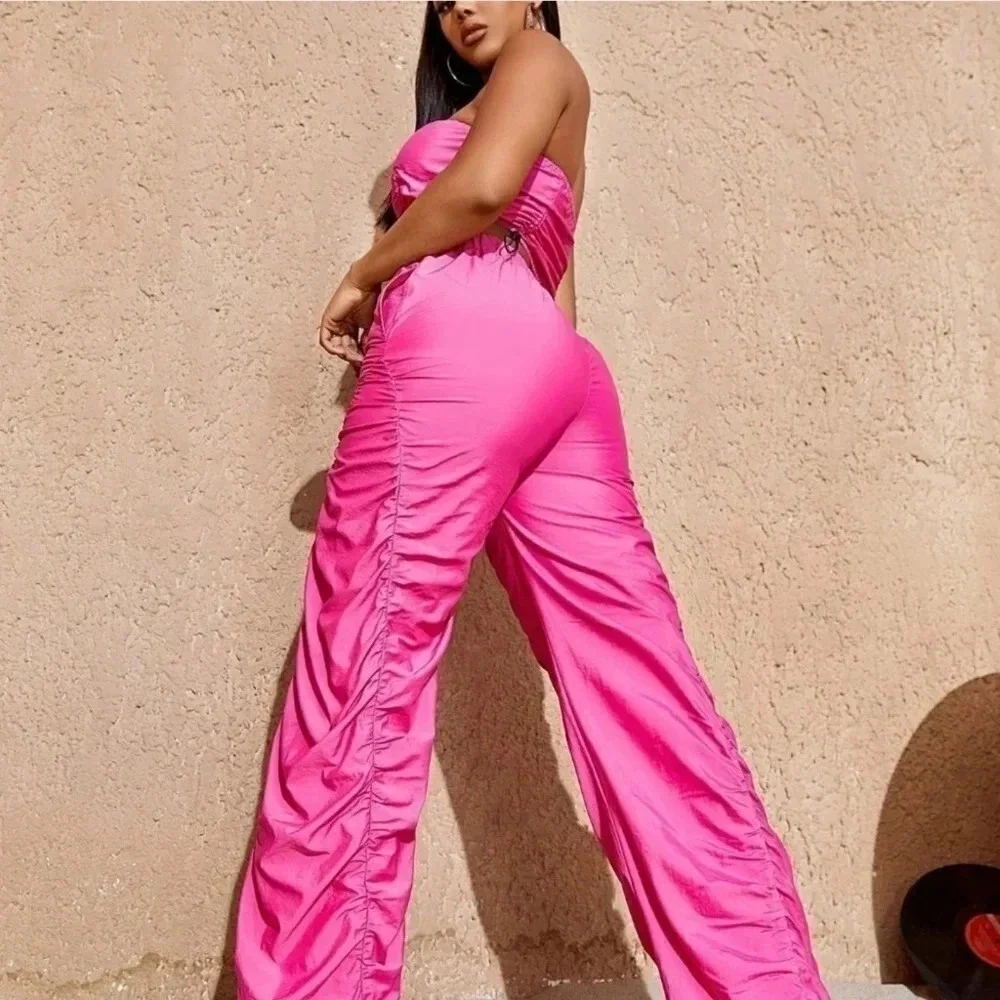 Pink Preppy Womens Solid Drawstring Hem Tube Top & Ruched Wide Leg Pants Set - Picture 4 of 7